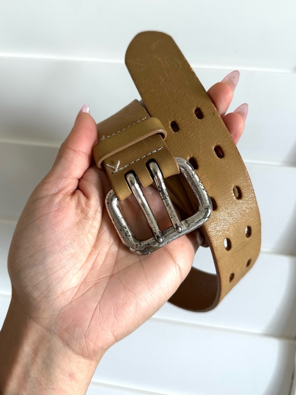 VINTAGE 2000S Express Men's Tan Leather Belt with Silver Buckle